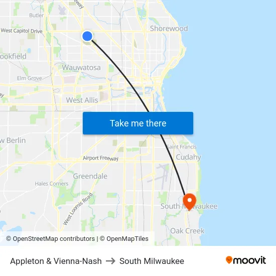 Appleton & Vienna-Nash to South Milwaukee map