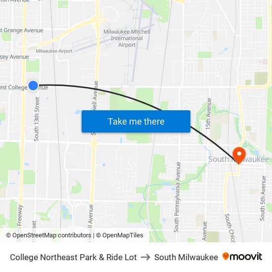 College Northeast Park & Ride Lot to South Milwaukee map