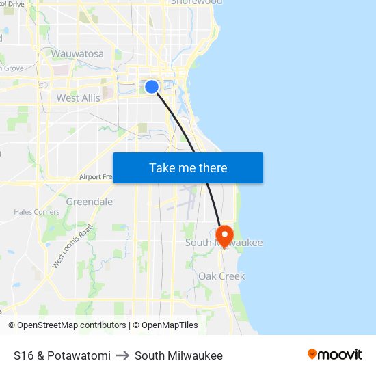 S16 & Potawatomi to South Milwaukee map