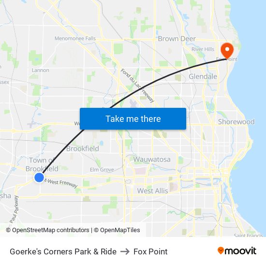 Goerke's Corners Park & Ride to Fox Point map