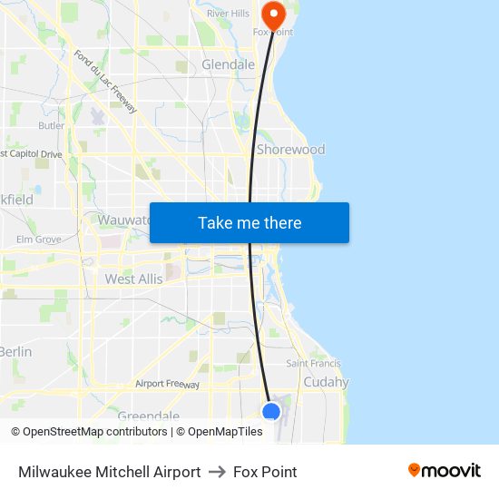 Milwaukee Mitchell Airport to Fox Point map