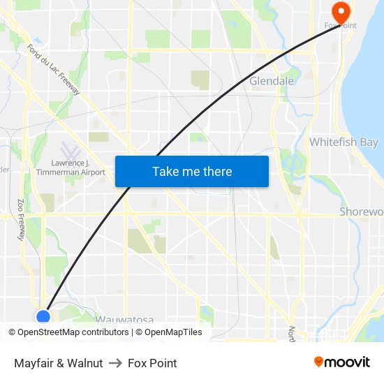 Mayfair & Walnut to Fox Point map
