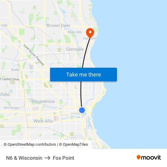 N6 & Wisconsin to Fox Point map