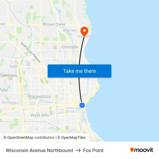 Wisconsin Avenue Northbound to Fox Point map