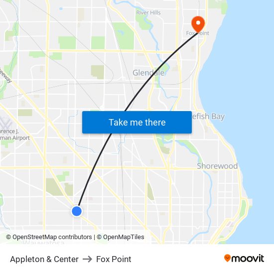 Appleton & Center to Fox Point map