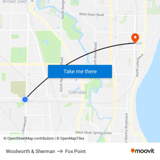 Woolworth & Sherman to Fox Point map