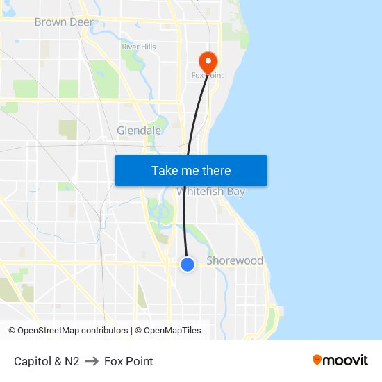 Capitol & N2 to Fox Point map