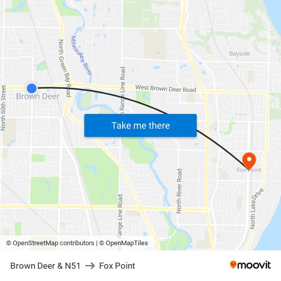 Brown Deer & N51 to Fox Point map