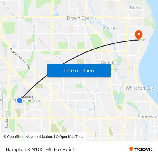 Hampton & N105 to Fox Point map