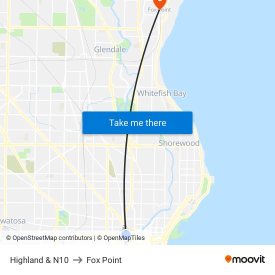 Highland & N10 to Fox Point map