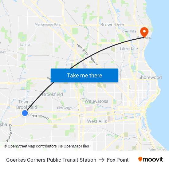 Goerkes Corners Public Transit Station to Fox Point map