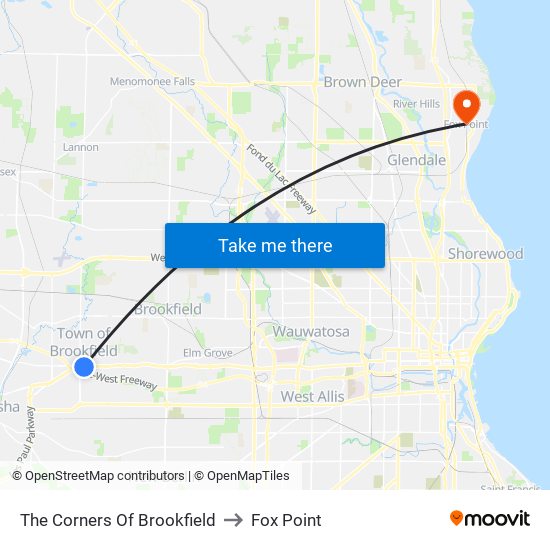 The Corners Of Brookfield to Fox Point map