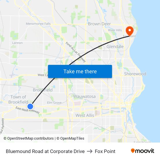 Bluemound Road at Corporate Drive to Fox Point map