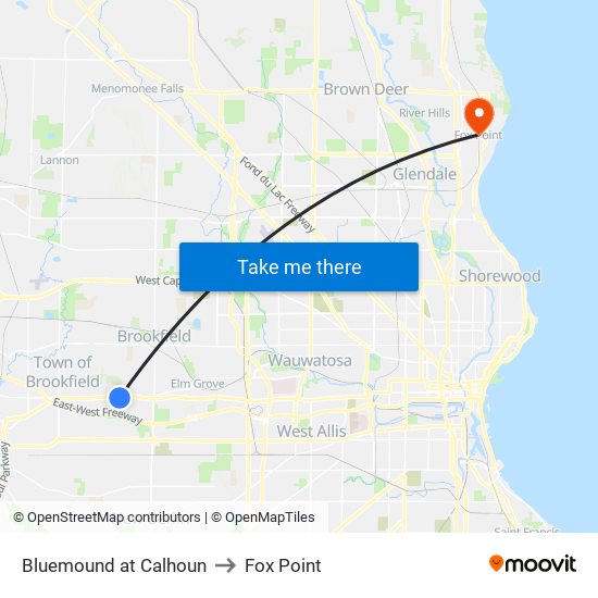 Bluemound at Calhoun to Fox Point map