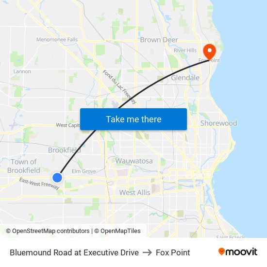 Bluemound Road at Executive Drive to Fox Point map