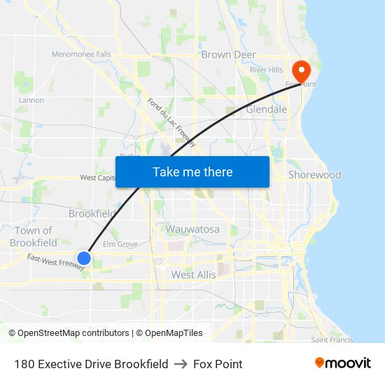 180 Exective Drive Brookfield to Fox Point map