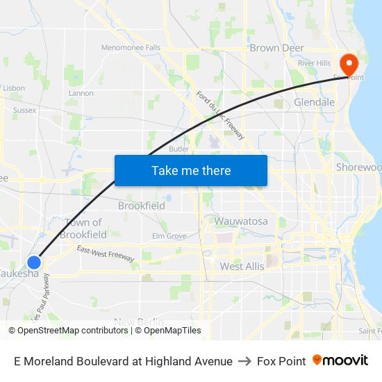 E Moreland Boulevard at Highland Avenue to Fox Point map