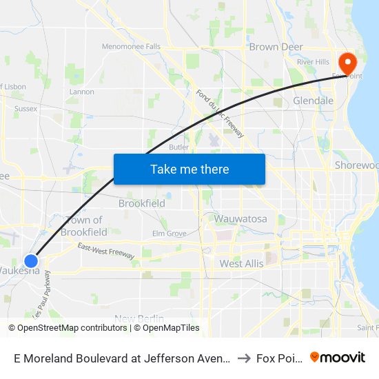 E Moreland Boulevard at Jefferson Avenue to Fox Point map