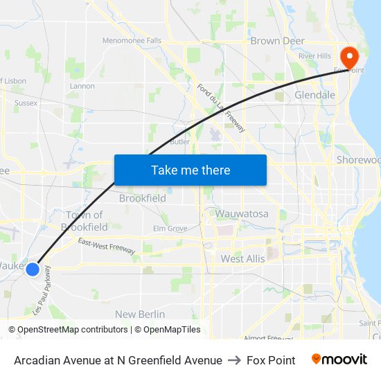 Arcadian Avenue at N Greenfield Avenue to Fox Point map