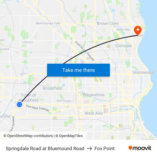 Springdale Road at Bluemound Road to Fox Point map