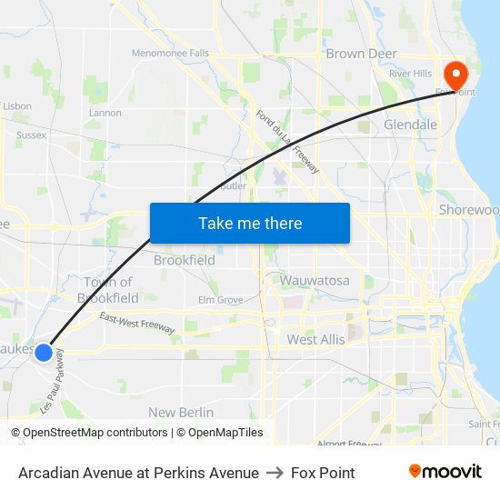 Arcadian Avenue at Perkins Avenue to Fox Point map