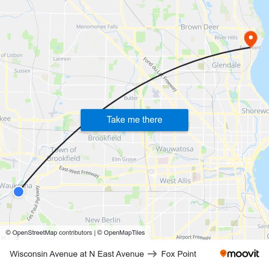 Wisconsin Avenue at N East Avenue to Fox Point map