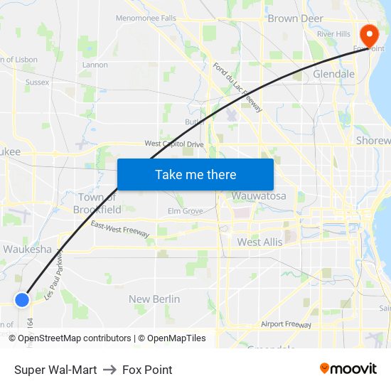 Super Wal-Mart to Fox Point map