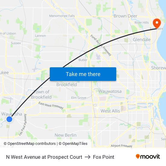 N West Avenue at Prospect Court to Fox Point map