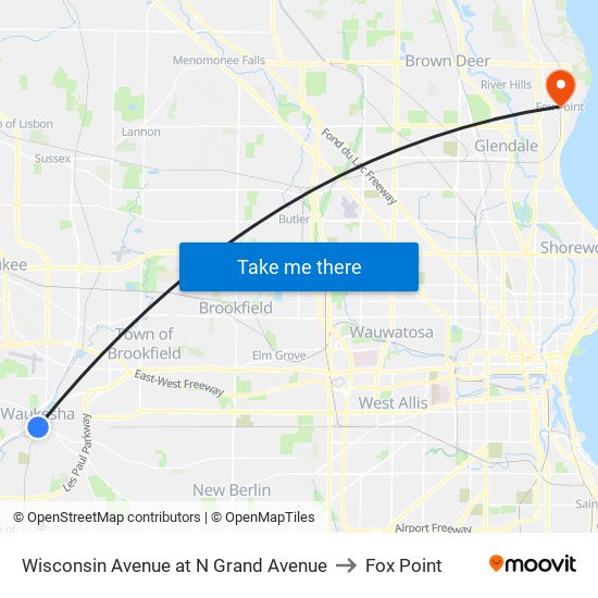 Wisconsin Avenue at N Grand Avenue to Fox Point map