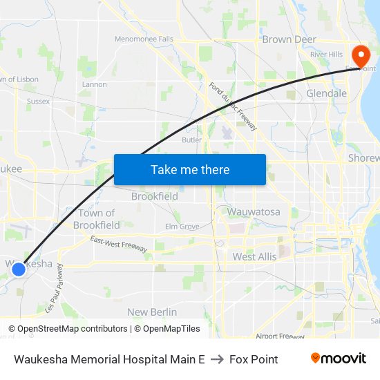 Waukesha Memorial Hospital Main E to Fox Point map