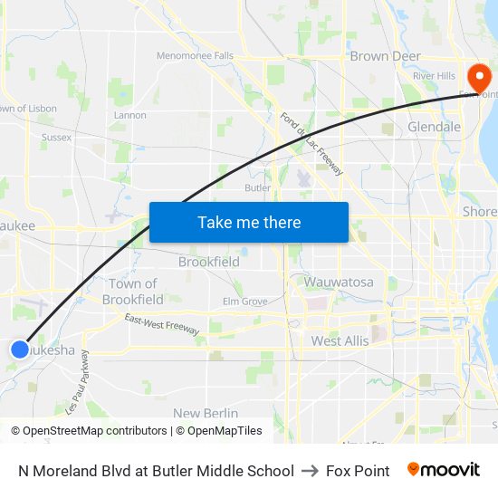 N Moreland Blvd at Butler Middle School to Fox Point map