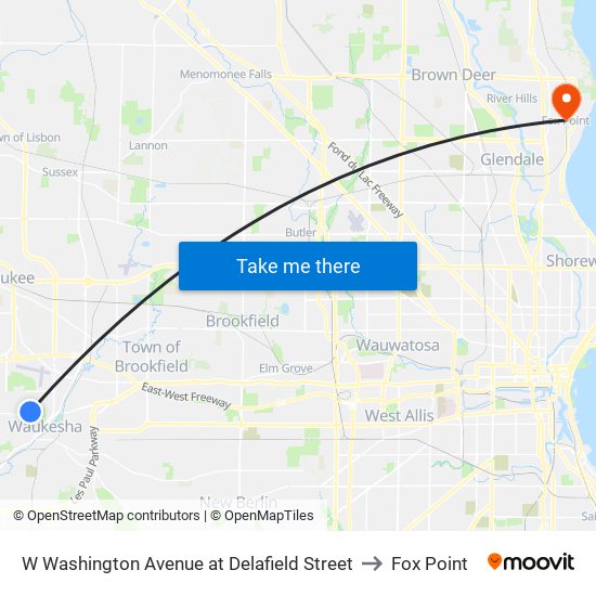 W Washington Avenue at Delafield Street to Fox Point map