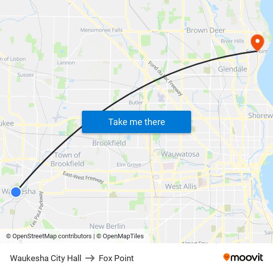 Waukesha City Hall to Fox Point map