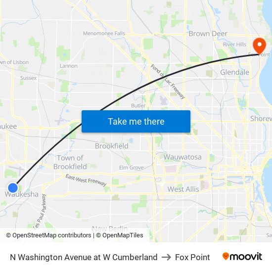 N Washington Avenue at W Cumberland to Fox Point map