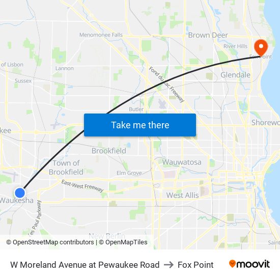 W Moreland Avenue at Pewaukee Road to Fox Point map