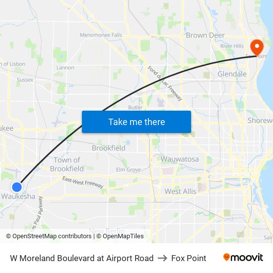 W Moreland Boulevard at Airport Road to Fox Point map