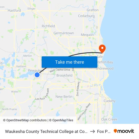 Waukesha County Technical College at College Center to Fox Point map