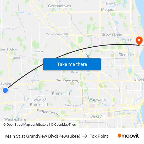 Main St at Grandview Blvd(Pewaukee) to Fox Point map