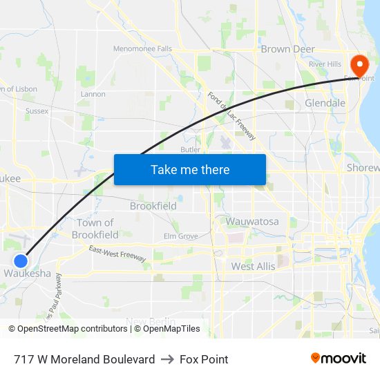 717 W Moreland Boulevard to Fox Point map