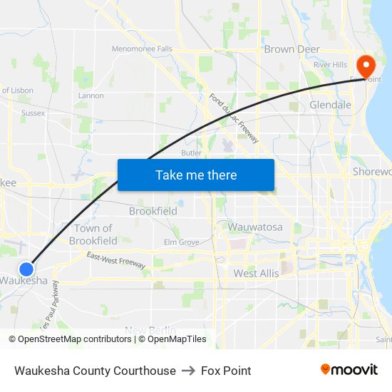 Waukesha County Courthouse to Fox Point map
