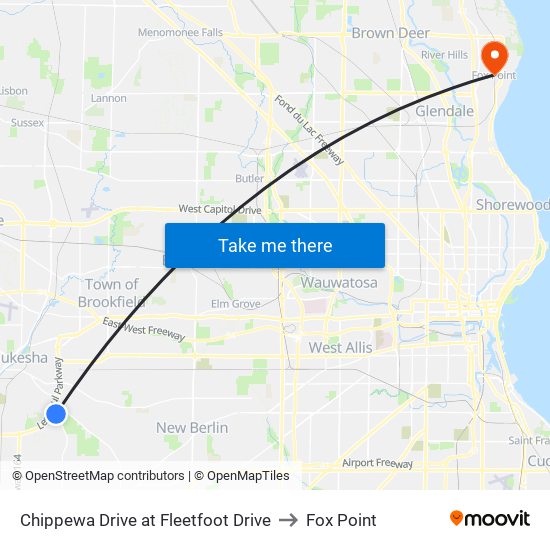 Chippewa Drive at Fleetfoot Drive to Fox Point map