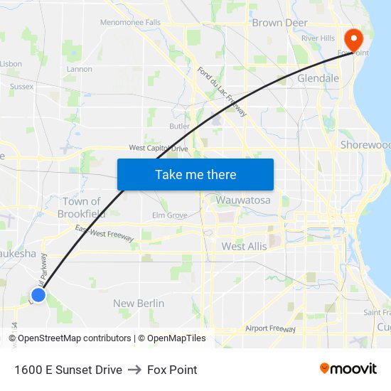 1600 E Sunset Drive to Fox Point map