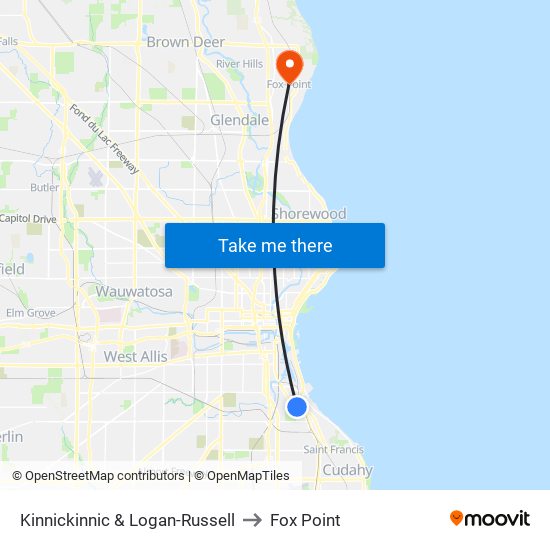 Kinnickinnic & Logan-Russell to Fox Point map