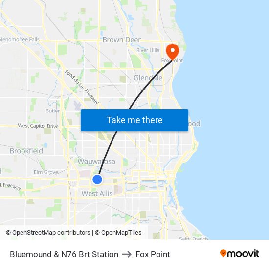 Bluemound & N76 Brt Station to Fox Point map