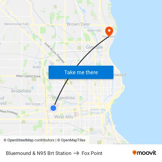 Bluemound & N95 Brt Station to Fox Point map