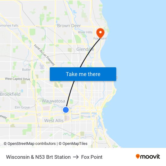 Wisconsin & N53 Brt Station to Fox Point map