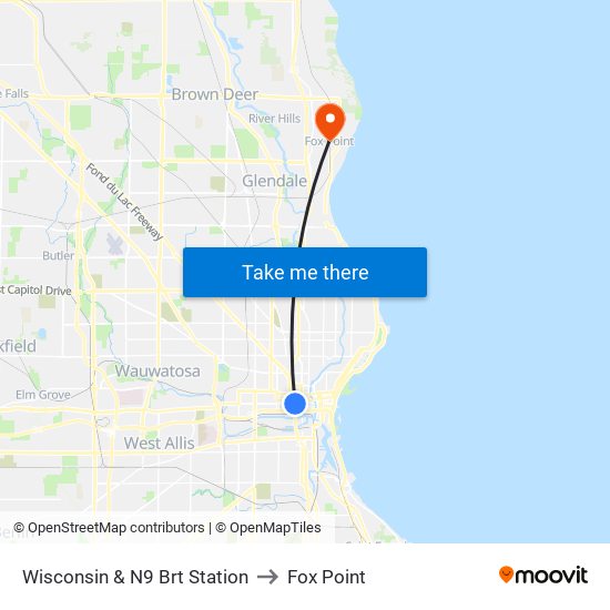 Wisconsin & N9 Brt Station to Fox Point map