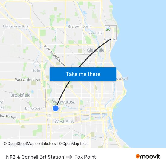 N92 & Connell Brt Station to Fox Point map