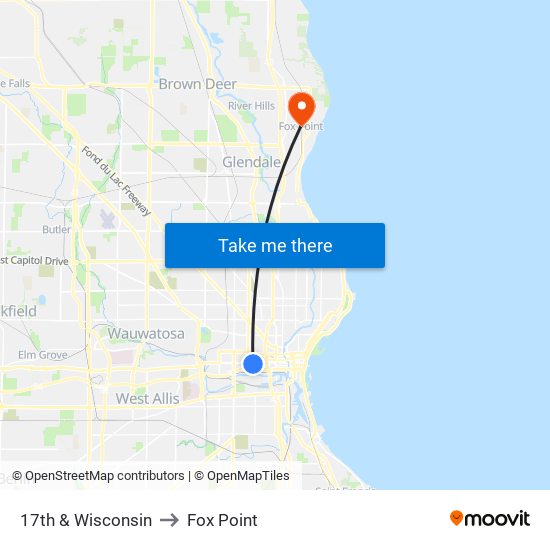 17th & Wisconsin to Fox Point map