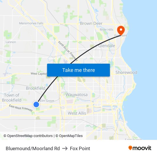 Bluemound/Moorland Rd to Fox Point map